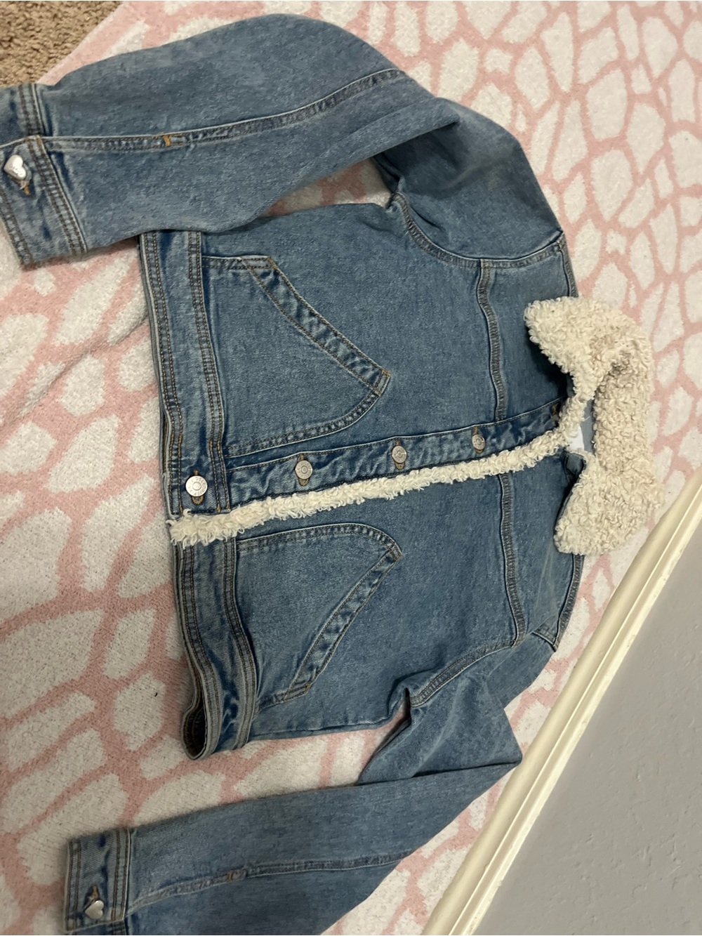 Celebrity Pink Blue Denim Jacket with Cream Sherpa Collar